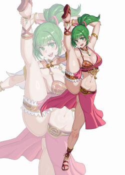  1girl absurdres anklet bracelet breasts commentary dancer emmettart fire_emblem fire_emblem:_genealogy_of_the_holy_war green_eyes green_hair green_nails harem_outfit highres jewelry large_breasts lene_(fire_emblem) midriff nail_polish nintendo pelvic_curtain split standing standing_on_one_leg standing_split 
