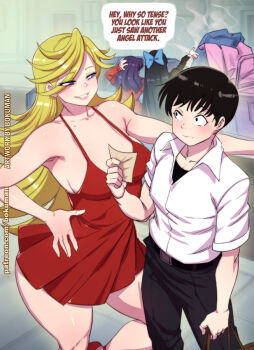  black_hair blonde_hair blue_eyes bokuman breasts cleavage dress gainax hand_on_own_hip high_heels ikari_shinji katsuragi_misato long_hair neon_genesis_evangelion panty_&amp;_stocking_with_garterbelt panty_(psg) pun red_dress seductive_gaze seductive_smile smile speech_bubble stocking_(psg) suitcase thick_thighs thighs trigger_(company) 