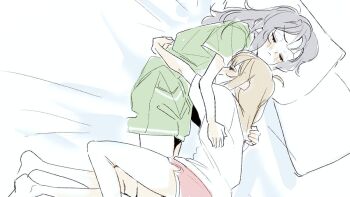  2girls ahoge black_hair blonde_hair cho_kaguya-hime! closed_eyes commentary_request cuddling facing_another frown green_pajamas hixii1238 hug kaguya_(cho_kaguya-hime!) long_hair lying multiple_girls on_side pajamas pillow pink_shorts sakayori_iroha shirt short_sleeves shorts sketch sleeping smile white_shirt yuri 