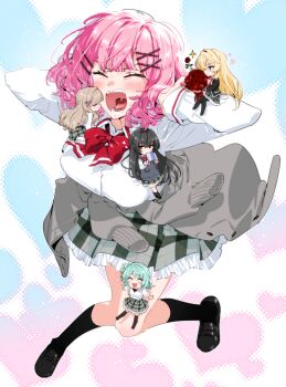  5girls :3 amaori_renako aqua_hair ashigaya_high_school_uniform black_hair black_jacket black_shoes black_socks blonde_hair blush bow bowtie braid brown_hair cardigan cardigan_around_waist chibi clothes_around_waist collared_shirt commentary_request crossed_bangs dress_shirt fang flipped_hair flower_hairpin frilled_skirt frills grey_sweater_vest hair_between_eyes hair_ornament hair_ribbon hairclip half_up_braid hand_on_own_head highres jacket kneehighs koto_satsuki koyanagi_kaho loafers long_hair long_sleeves minakata_sunao mini_person minigirl multiple_girls nape_braid necktie open_mouth ouzuka_mai pantyhose parallel_hairclips pink_hair plaid_clothes plaid_skirt pleated_skirt red_bow red_bowtie ribbon school_uniform sena_ajisai shirt shoes sidelocks skin_fang skirt socks sweater_vest swept_bangs thighhighs turtleneck very_long_hair watashi_ga_koibito_ni_nareru_wake_naijan_murimuri! wavy_hair white_shirt x_hair_ornament yellow_ribbon 