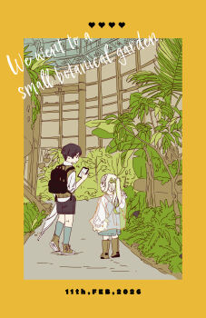  1boy 1girl aged_down alternate_costume aqua_dress aqua_socks backpack bag black_bag black_hair black_shorts blunt_ends boots botanical_garden brown_boots brown_shoes brown_sweater clipboard closed_mouth commentary_request contemporary cover dated dress english_text eyelashes from_behind full_body genshin_impact green_hair hand_up heart height_difference highres holding holding_clipboard holding_umbrella index_finger_raised kneehighs long_hair looking_at_another multicolored_hair nahida_(genshin_impact) ochabashira plant pointing pointing_forward pointy_ears raincoat rubber_boots scaramouche_(genshin_impact) school_uniform see-through_clothes see-through_raincoat shirt shoes shorts side_ponytail sidelocks sneakers socks streaked_hair sweater three-quarter_sleeves umbrella undershirt white_hair white_shirt white_sleeves white_umbrella 