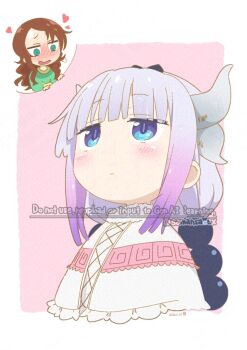  2girls brown_hair dragon_horns green_shirt heart horns kanna_kamui kobayashi-san_chi_no_maidragon looking_up multiple_girls saikawa_riko samansa_ex shirt twitter_username yuri  rating:Sensitive score:8 user:BadMisterFrosty