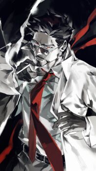  1boy 4istfuerimmer alternate_universe avengers_(series) belt between_fingers black_background black_belt black_gloves black_hair cigarette closed_mouth coat collared_shirt cowboy_shot facial_hair gloves grey_pants hand_on_own_hip hand_up highres holding holding_cigarette lab_coat lapels long_sleeves looking_at_viewer male_focus marvel necktie open_clothes open_coat pale_skin pants red_eyes red_necktie shirt short_hair simple_background smoke solo standing sunglasses tony_stark v-shaped_eyebrows white-framed_eyewear white_coat white_shirt wide_sleeves 