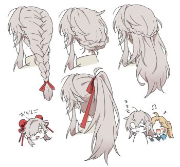  2boys :3 :d ^_^ adjusting_another's_hair ahoge alternate_hairstyle beamed_eighth_notes blonde_hair blush braid bun_cover chibi chibi_inset closed_eyes closed_mouth cropped_head curtained_hair dashi_(minzoku_gb) double_bun eighth_note facing_away french_braided_ponytail from_behind grey_hair hair_bun hair_down hair_over_one_eye hair_ribbon hair_up half_up_braid holding holding_another's_hair honkai:_star_rail honkai_(series) jing_yuan long_hair male_focus mole mole_under_eye multiple_boys musical_note nape nape_braid nose_bubble open_mouth ponytail red_ribbon ribbon side_ponytail simple_background single_braid sleeping sleepy smile translation_request two-handed updo variations white_background wide-eyed yanqing_(honkai:_star_rail) yellow_eyes zzz 