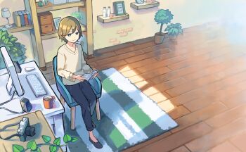  1girl black_pants blue_eyes book camera carpet chair closed_mouth coffee coffee_mug collarbone commentary computer_mouse cup denim desk_lamp earrings english_commentary highres holding holding_book indoors instrument jeans jewelry keyboard_(instrument) lamp monitor mug original otomica pants plant potted_plant short_hair sitting smile solo sweater white_sweater 