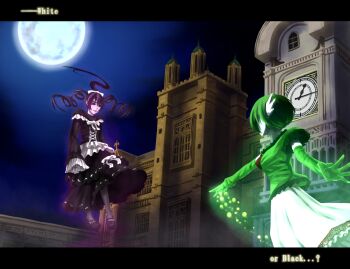  2girls battle church clock clock_tower dress flying full_moon gardevoir gen_3_pokemon gen_5_pokemon gothitelle magic moon multiple_girls night nikawa_99-do nintendo outdoors personification pokemon smirk tower  rating:Sensitive score:52 user:Blockatiel