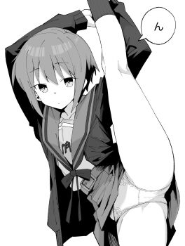  1girl belt bow henyaan_(oreizm) highres jacket leg_up looking_at_viewer monochrome nagato_yuki panties sailor_collar school_uniform short_hair simple_background skirt socks solo speech_bubble split standing standing_on_one_leg standing_split suzumiya_haruhi_no_yuuutsu underwear white_background 