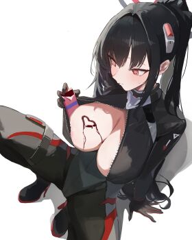  1girl absurdres areola_slip arm_support black_bodysuit black_hair black_halo blue_archive bodysuit breasts bright_pupils candy chocolate chocolate_bar chocolate_on_body chocolate_on_breasts cleavage closed_mouth commentary food food_on_body from_above hair_between_eyes hair_ornament halo heart highres holster impossible_bodysuit impossible_clothes large_breasts latex latex_bodysuit long_hair looking_to_the_side multicolored_halo official_alternate_costume official_alternate_hairstyle open_bodysuit open_clothes partially_unzipped ponytail red_eyes ringed_eyes rio_(armed)_(blue_archive) rio_(blue_archive) shadow sidelocks simple_background skin_tight solo squatting sweat thigh_holster two-tone_halo very_long_hair white_background white_pupils x_m:imabs 