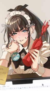  1girl absurdres amaya_tsubame anger_vein angry apron badge black_bow black_bowtie blunt_bangs blush bow bowtie button_badge commentary_request computer elbow_rest emblem frilled_apron frills gakuen_idolmaster hair_intakes hair_ribbon hair_tie hand_on_own_face head_rest highres idolmaster ketchup_bottle krmrsn9603 laptop looking_at_viewer maid_apron maid_headdress mole mole_under_eye name_tag nose_blush pov ribbon sidelocks solo squeeze_bottle squeezing sticky_note sweat teeth thick_eyebrows thick_eyelashes white_ribbon wrist_cuffs 