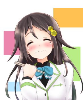  1girl absurdres black_shirt blazer blue_bow blue_bowtie blush bow bowtie brown_hair chopsticks closed_eyes closed_mouth food food_on_face highres holding holding_chopsticks izumi_reina jacket long_hair musaigen_no_phantom_world rice rice_on_face school_uniform shirt sidelocks silver_light simple_background smile solo upper_body white_background 