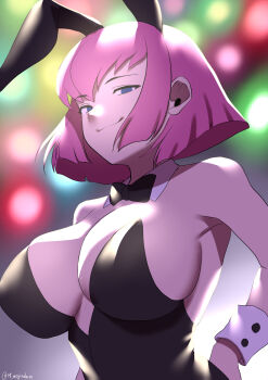  1girl animal_ears blue_eyes breasts breasts_apart cowboy_shot detached_collar fake_animal_ears female_focus from_below from_side gundam gundam_zz haman_karn highres large_breasts looking_at_viewer miginohito_mitsuru pink_hair playboy_bunny rabbit_ears sakakibara_yoshiko short_hair smile smirk solo upper_body wrist_cuffs zeta_gundam 