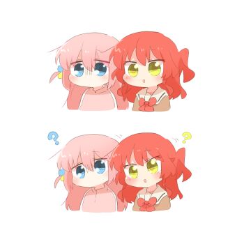  2girls :d ? blue_eyes blush_stickers bocchi_the_rock! bow brown_shirt chibi commentary_request cropped_torso cube_hair_ornament gotoh_hitori hair_between_eyes hair_ornament head_tilt jacket kita_ikuyo multiple_girls one_side_up open_mouth pink_hair pink_jacket rebecca_(keinelove) red_bow red_hair sailor_collar school_uniform serafuku shirt simple_background smile track_jacket upper_body white_background white_sailor_collar yellow_eyes 