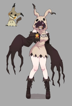  1girl 1other :3 absurdres ahoge animal_hood bare_shoulders black_sleeves boots breasts brown_boots brown_jacket cleavage cleavage_cutout clothing_cutout commentary cosplay cowboy_shot crossed_bangs doodlelotl double-parted_bangs full_body gen_7_pokemon grey_background hair_over_one_eye highres hood hood_up humanization jacket lace-up_boots looking_at_viewer mask medium_breasts mimikyu mimikyu_(cosplay) mouth_mask nintendo no_hands open_clothes open_jacket original pokemon pokemon_(creature) red_eyes ringed_eyes simple_background sleeves_past_fingers sleeves_past_wrists solo standing stitched_clothes stitched_dress straight-on swept_bangs thick_eyelashes thick_thighs thighs tsurime unkempt wide_sleeves 