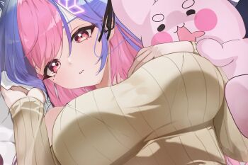  1girl bing_hayu blue_hair blush bralines breasts brown_sweater colored_inner_hair hand_on_own_chest hands_up hashtag-only_commentary impossible_clothes impossible_sweater large_breasts long_sleeves looking_at_viewer luvdia mole mole_under_eye multicolored_hair parted_bangs parted_lips pink_eyes pink_hair ribbed_sweater streaked_hair sweater two-tone_hair upper_body virtual_youtuber yorang 