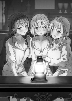  3girls absurdres blush braid breasts cleavage collarbone commentary_request copyright_request greyscale highres lantern large_breasts looking_at_viewer medium_breasts monochrome multiple_girls novel_illustration official_art open_mouth parted_lips short_hair sitting table tomozero twin_braids 