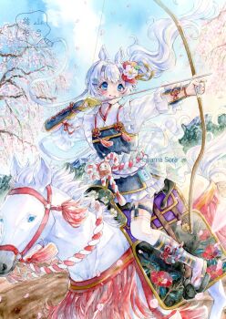  1girl aiming animal_ears arrow_(projectile) blue_eyes bow_(weapon) chinese_zodiac commentary_request day floating_hair flower hayamasora holding holding_arrow holding_bow_(weapon) holding_weapon horse horse_ears horse_girl horseback_archery horseback_riding japanese_clothes kimono_dress long_hair original outdoors painting_(medium) riding rope shimenawa solo traditional_media watercolor_(medium) weapon white_hair white_horse year_of_the_horse 