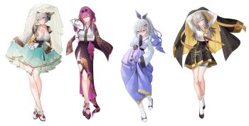  4girls absurdres alternate_costume alternate_hairstyle arm_under_breasts arms_behind_head bare_legs bare_shoulders black_hairband black_robe black_shoes black_skirt blush breasts cleavage closed_mouth collarbone commentary_request cropped_shirt crossed_bangs curtsey detached_sleeves duplicate eyewear_on_head firefly_(honkai:_star_rail) floral_print fold-over_collar full_body gloves gradient_hair green_skirt grey_hair hair_between_eyes hair_ornament hairband hairclip hanbok hand_fan hand_on_own_arm hand_up head_tilt highres holding holding_fan honkai:_star_rail honkai_(series) kafka_(honkai:_star_rail) kebi_(soo_owl) korean_clothes korean_commentary large_breasts legs light_smile long_hair long_sleeves looking_at_viewer midriff multicolored_hair multiple_girls purple_eyes purple_gloves purple_hair purple_shoes robe round_eyewear shoes silver_wolf_(honkai:_star_rail) simple_background skindentation skirt smile socks standing stelle_(honkai:_star_rail) tassel thigh_strap tinted_eyewear trailblazer_(honkai:_star_rail) twitter_username white_background white_socks wide_sleeves yellow_eyes 