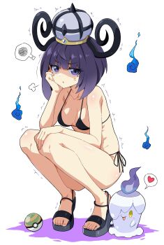  1girl 1other absurdres alternate_costume anger_vein annoyed bikini black_hair breasts eggman_(ni_tamagoex) fire full_body gen_5_pokemon gwynn_(pokemon) hat heart high_heels highres litwick looking_at_viewer mega_stone micro_bikini multicolored_hair nest_ball nintendo poke_ball pokemon pokemon_(creature) pokemon_legends:_z-a puff_of_air purple_eyes purple_fire shadow short_hair side-tie_bikini_bottom sigh spoken_heart spoken_squiggle squiggle sweat swimsuit white_background will-o-wisp_(pokemon)  rating:Sensitive score:14 user:danbooru