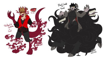  2boys alternate_costume alternate_form alternate_hair_color animal_ears animal_feet animification artist_name black_hair brown_hair character_name claws colored_sclera commentary_request cthulhu_mythos digitigrade dog_ears dual_persona eddsworld extra_mouth fangs full_body hair_ears highres hood hood_down hoodie hooves horns hound_of_tindalos kaiyo_noba long_tongue looking_at_viewer male_focus monster_boy monsterification multiple_boys no_nose open_clothes open_hoodie open_mouth pectorals red_eyes red_hoodie red_sclera sheep_horns short_hair shub-niggurath simple_background single_horn smoke tail teeth tentacles tongue tongue_out tord_(eddsworld) translation_request white_background yellow_eyes 