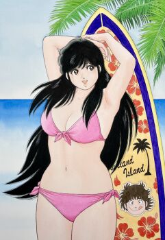  1girl aoba_shunsuke armpits arms_up asaoka_natsumi beach bikini black_hair blue_sky breasts brown_eyes character_sticker cleavage commentary_request cowboy_shot floral_print front-tie_bikini_top front-tie_top highres large_breasts long_hair miura_mitsuru navel ocean official_artist_extra open_mouth outdoors palm_tree side-tie_bikini_bottom sideways_glance sky smile solo standing sticker surfboard swimsuit teeth the_kabocha_wine traditional_media tree upper_teeth_only very_long_hair 
