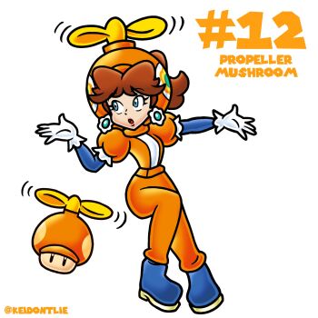  1girl blue_eyes boots brown_hair commentary earrings emblem english_commentary flower_earrings frilled_gloves frills gloves helmet highres jewelry keidontlie mario_(series) medium_hair mushroom nintendo princess_daisy propeller propeller_helmet propeller_mushroom puffy_sleeves simple_background solo white_background white_gloves 