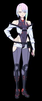  1girl asymmetrical_bangs asymmetrical_hair belt black_background black_boots black_leotard boots breasts concept_art cyberpunk:_edgerunners cyberpunk_(series) cyborg english_text eyeliner grey_thighhighs high_heels highres jacket leotard lipstick long_sleeves looking_to_the_side lucy_(cyberpunk) makeup medium_breasts multicolored_boots multicolored_hair multicolored_leotard official_art official_art_inset orange_hair parted_lips pink_hair rainbow_hair red_boots red_eyeliner red_leotard red_lips short_hair_with_long_locks sideways_glance simple_background smile solo standing tattoo thighhighs two-tone_boots two-tone_leotard white_jacket yoshinari_you 