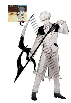  1boy 779_nnk absurdres alternate_weapon black_shoes bow_(weapon) bright_pupils buttons closed_mouth coattails collared_shirt colored_eyelashes commentary da_capo_(e.g.o) double-parted_bangs dress_pants dress_shoes e.g.o_(project_moon) employee_(project_moon) expressionless full_body game_screenshot_inset gloves hair_between_eyes hand_up highres holding holding_bow_(weapon) holding_weapon jacket lapels lobotomy_corporation long_sleeves looking_to_the_side male_focus necktie notched_lapels nugget_(project_moon) outstretched_arm pants project_moon red_eyes scythe shirt shoes short_hair simple_background solo standing symbol-only_commentary tailcoat very_short_hair weapon white_background white_eyelashes white_gloves white_hair white_jacket white_necktie white_pants white_pupils white_shirt 