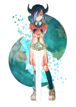  1girl absurdres black_hair black_horns black_shirt black_sleeves buttons collared_shirt commentary_request cross-laced_shoes demon demon_girl demon_horns dress dress_shirt earth_(planet) frown fujimoto_tatsuki full_body glowing glowing_sword glowing_weapon hair_over_one_eye highres holding holding_sword holding_weapon horns kneehighs legs_apart looking_at_viewer medium_dress medium_hair mole mole_under_eye nayuta_(yogen_no_nayuta) official_art one_eye_covered partially_shaded_face pink_dress pink_sleeves planet planted planted_sword planted_weapon ringed_eyes shirt shirt_under_dress shoes sneakers socks solo standing sword undershirt weapon white_background wing_collar yellow_eyes yogen_no_nayuta 