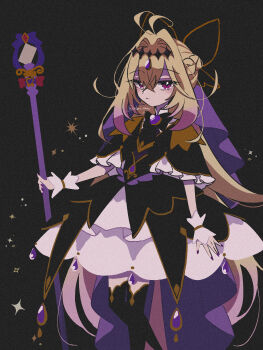 1girl ahoge antenna_hair artist_name black_background black_bow black_bowtie black_capelet black_dress black_thighhighs blonde_hair bow bowtie braid brooch capelet closed_mouth commentary cure_arcana_shadow diamond_hairband dress expressionless feet_out_of_frame film_grain frilled_capelet frilled_cuffs frilled_dress frills gradient_hair hair_between_eyes hair_bow hair_intakes half_up_braid heart heart_brooch highres holding holding_staff jewelry katsuragi_atori layered_dress long_hair looking_at_viewer magical_girl medium_dress meitantei_precure! moria_luluka multicolored_hair nail_polish precure purple_eyes purple_hair purple_nails purple_veil simple_background solo staff tear_arcana_rod thighhighs twitter_username veil very_long_hair white_wrist_cuffs wrist_cuffs 