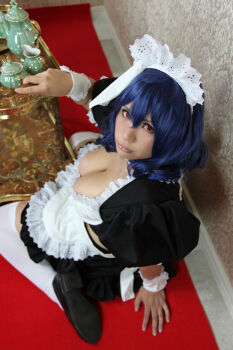 apron blue_hair breasts chouzuki_maryou cosplay large_breasts maid maid_apron maid_headdress photo_(medium) plump red_eyes seikon_no_qwaser thick_thighs thighhighs thighs yamanobe_tomo rating:Explicit score:5 user:H-Viruz