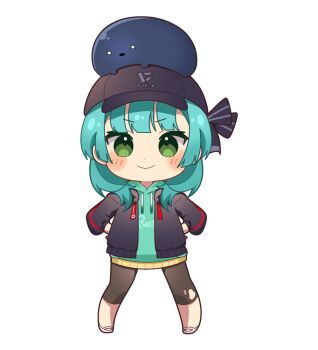  1girl 1other blue_eyes chibi chibi_only chikuwa0u0 commentary_request green_eyes hair_ornament hands_in_pockets heaven_burns_red narby_(heaven_burns_red) rumi_(heaven_burns_red) slime_(creature) 