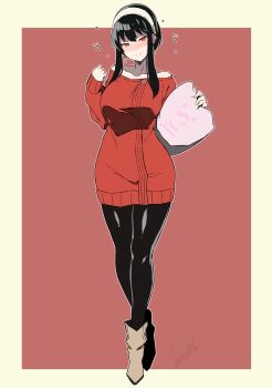  1girl batta_16-sei black_hair black_pantyhose blush boots border brown_boots closed_mouth commentary_request dress full_body hairband highres holding holding_pillow looking_at_viewer off-shoulder_sweater off_shoulder outside_border pantyhose pillow red_background red_eyes red_sweater smile solo spy_x_family sweater sweater_dress yellow_border yes-no_pillow yor_briar  rating:Sensitive score:11 user:danbooru