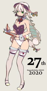  1girl 2020 animal_ears bare_shoulders birthday bit_gag blonde_hair breasts cleavage coattails detached_collar detached_sleeves drawing_tablet fake_animal_ears full_body gag green_eyes grey_background grey_thighhighs happy_birthday high_heels highres holding holding_drawing_tablet holding_stylus kaya_(rance) leotard lock long_hair looking_at_viewer medium_breasts multicolored_leotard necktie orion_(orionproject) padlock pigeon-toed playboy_bunny prototype_design purple_leotard purple_shoes rabbit_ears rance_(series) rance_x red_necktie shoes short_necktie simple_background solo standing strapless strapless_leotard stylus tailcoat thighhighs two-tone_leotard white_leotard wrist_cuffs 