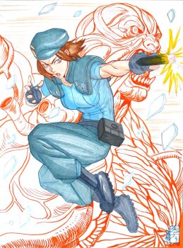  1boy 1girl acecore2k armor beret black_boots black_gloves blue_eyes blue_hat blue_pants blue_shirt boots brown_hair combat_boots commentary english_commentary fingerless_gloves firing gloves gun handgun hat highres holding holding_gun holding_weapon jill_valentine knees_up marker_(medium) marvel_vs._capcom nemesis_(resident_evil) open_mouth pants pauldrons pen_(medium) police police_uniform resident_evil resident_evil_3:_nemesis sharp_teeth shirt short_hair shoulder_armor solo_focus teeth traditional_media weapon white_background 