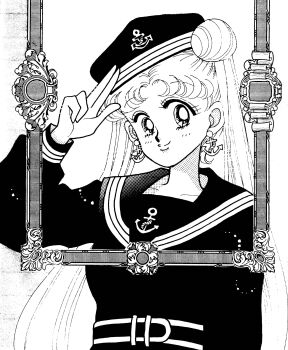 1girl absurdres anchor_earrings bishoujo_senshi_sailor_moon closed_mouth commentary double_bun earrings english_commentary greyscale hair_bun hat highres jewelry lips monochrome official_art sailor salute scan smile solo split_mouth takeuchi_naoko tsukino_usagi twintails two-finger_salute upper_body 