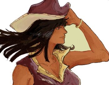  1girl 2025 bangle bare_shoulders black_hair blunt_bangs bracelet breasts cleavage closed_mouth collarbone commentary cowboy_hat floating_hair hat highres jewelry kidlawz long_hair looking_to_the_side nico_robin nico_robin_(sabaody) official_alternate_costume one_piece purple_hat purple_shirt shirt sleeveless sleeveless_shirt smile solo upper_body  rating:General score:2 user:danbooru