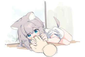  1girl 1other animal_ear_fluff animal_ears blue_eyes commentary_request disembodied_hand grey_hair hair_between_eyes long_hair lying on_floor on_side open_mouth original riya_(01214) shirt short_sleeves solo_focus tail white_shirt 