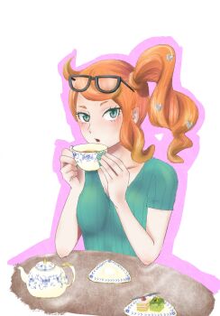  1girl aqua_eyes aqua_nails aqua_shirt black-framed_eyewear breasts collarbone commentary_request cup eyewear_on_head hair_ornament hands_up heart heart_hair_ornament highres holding holding_cup medium_breasts nintendo no_coat orange_hair ornhnswkk pokemon pokemon_swsh ribbed_shirt shirt short_hair side_ponytail side_ponytail_with_hair_base solo sonia_(pokemon) sunglasses swept_bangs teacup upper_body v-neck wavy_hair 