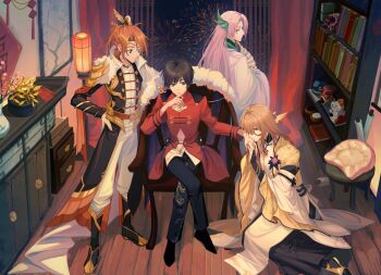  4boys :/ aerial_fireworks architecture armchair belt black_boots black_bridal_gauntlets black_coat black_hair black_pants black_shoes blue_eyes board_game bookshelf boots bracelet bridal_gauntlets brown_belt brown_hair buddha's_temptation_(the_tale_of_food) cabinet cape chair changpao chinese_clothes chinese_commentary closed_mouth coat commentary_request corsage crossed_legs curtained_hair cushion daxiushan double-parted_bangs doufang dragon_print drawer east_asian_architecture elbow_rest expressionless fireworks flower folding_fan full_body fur-trimmed_coat fur_trim go_(board_game) green_eyes green_robe group_picture hair_between_eyes hair_ornament hand_fan hand_on_own_hip hand_to_own_mouth hanging_scroll highres holding holding_fan holding_hands hongbao jacket jar jewelry juzizjixiang kiss kissing_hand lantern layered_sleeves leaf_hair_ornament long_bangs long_hair long_hair_between_eyes long_sleeves longjing_shrimp_(the_tale_of_food) looking_at_another looking_at_viewer male_focus male_harem male_master_(the_tale_of_food) maneki-neko medium_hair model_train multiple_boys multiple_bracelets night on_floor orange_hair pants pants_tucked_in paper_lantern parted_bangs peking_duck_(the_tale_of_food) pink_flower pink_hair plant pleated_pants ponytail potted_plant print_pants profile purple_flower red_eyes red_jacket robe scroll shirt shoes short_hair short_ponytail side_cape sideways_glance sitting standing stool stuffed_animal stuffed_shark stuffed_toy tangzhuang the_tale_of_food unworn_coat vase very_long_hair white_cape white_coat white_pants white_robe white_shirt wide_sleeves window wing_hair_ornament wooden_floor xiao_guan_(headdress) yellow_jacket yokozuwari 