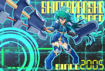  1girl 2005 absurdres antenna_hair armor armored_boots blue_armor blue_boots blue_gloves boots commentary_request copyright_name dual_wielding elbow_gloves gloves gold_trim green_hair hair_between_eyes hairband highres holding holding_weapon huge_weapon light_smile long_hair open_mouth panties polaris_(shinrabanshou) red_eyes shinrabanshou sibelube sidelocks solo thigh_boots thighhighs transparent_background underwear weapon white_hairband white_panties white_thighhighs 