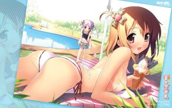 2girls ahoge ass barefoot beach_umbrella bikini bikini_tan blurry blush breasts brown_hair censored censored_nipples chair charamel convenient_censoring depth_of_field dutch_angle fairy flying food hair_ornament hair_ribbon hairpin heart highres ice_cream kantoku looking_back lotion lounge_chair lying medium_breasts mini_person minigirl multiple_girls on_stomach one-piece_swimsuit park pink_eyes pocky pool pouring puffy_nipples purple_eyes purple_hair ribbon school_swimsuit shade side-tie_bikini_bottom smile sunbathing swimsuit tan tanline topfreedom topless_female umbrella untied_bikini wings zoom_layer rating:Questionable score:27 user:danbooru