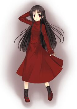  1girl alma_wade animification arm_behind_head bad_id bad_pixiv_id black_hair black_socks brown_hair dress f.e.a.r. female_focus highres long_hair long_sleeves looking_at_viewer mary_janes niboss red_dress red_eyes shoes sleeves_past_wrists socks solo  rating:Sensitive score:15 user:danbooru