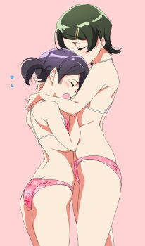  10s 2girls ass bikini blush breasts closed_eyes cowboy_shot crying green_hair hair_ornament hairclip halterneck harukana_receive hug multiple_girls open_mouth pink_background pink_bikini pink_theme purple_hair short_hair short_twintails simple_background small_breasts sunagawa_mai swimsuit tanahara_ai tears twintails umanosuke 