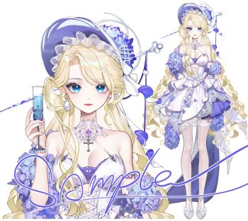  1girl absurdres alcohol animated asymmetrical_bangs asymmetrical_dress asymmetrical_sidelocks bead_bracelet beads belt belt_buckle blonde_hair blue_bonnet blue_bra blue_eyes blue_flower bonnet bow bra bracelet breasts buckle champagne champagne_flute cleavage closed_mouth collar commentary_request commission cross cross_print cup detached_collar diamond_earrings dot_nose dress drink drinking_glass earrings eyelashes flower frilled_footwear frilled_headwear full_body hair_ornament hair_rings hairclip hairpin halter_dress halterneck happy hat hat_bow hat_flower highres holding holding_drink jewelry lace lace-trimmed_dress lace-trimmed_headwear lace_collar lace_trim large_breasts lipstick live2d long_hair long_sidelocks looking_at_viewer makeup mismatched_earrings multiple_views original pink_lips print_dress see-through_clothes see-through_thighhighs shanwenyufan shoes short_dress sidelocks simple_background smile sphere_earrings standing straight-on thigh_belt thigh_strap thighhighs train_(clothing) two-sided_fabric two-sided_headwear underwear upper_body very_long_hair very_long_sidelocks virtual_youtuber wavy_hair white_background white_belt white_bonnet white_bow white_collar white_dress white_shoes white_thighhighs 