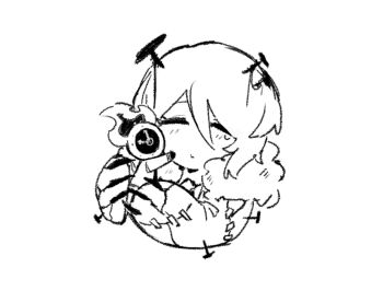  1girl 1other blush claws closed_eyes closed_mouth commentary_request dante_(limbus_company) e.g.o_(project_moon) faust_(project_moon) greyscale hands_up hex_nail_(e.g.o) holding holding_mini_person ivy_(675671) limbus_company mini_person monochrome nail_(hardware) nail_in_head nuzzle paw_sleeves project_moon short_hair simple_background smile 