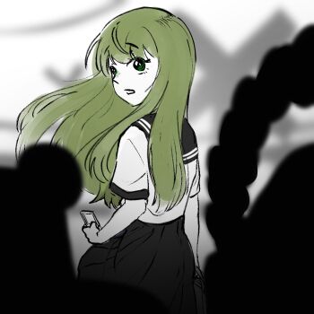  3girls commentary_request green_eyes green_hair grey_background greyscale holding holding_phone kochiya_sanae korean_commentary long_hair looking_back lovelobten monochrome moriya_suwako multiple_girls phone school_uniform silhouette skirt touhou yasaka_kanako 