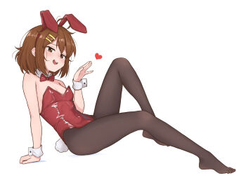  1girl andreypavlow animal_ear_hairband animal_ears bow bowtie brown_eyes brown_hair commentary covered_navel detached_collar fake_animal_ears fake_tail full_body hairband highres hirasawa_yui k-on! leotard pantyhose playboy_bunny rabbit_ear_hairband rabbit_ears rabbit_tail red_leotard short_hair simple_background solo strapless strapless_leotard tail white_background wrist_cuffs 