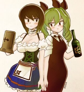  2girls alcohol anchovy_(girls_und_panzer) apron barmaid bartender beer beer_mug black_ribbon blush bottle breasts brown_eyes brown_hair choker commentary_request cup detached_sleeves dirndl drill_hair eisu_(eith) frilled_choker frills german_clothes girls_und_panzer highres holding holding_cup large_breasts looking_at_another medium_breasts mug multiple_girls necktie nishizumi_maho pixiv_username red_eyes ribbon scrunchie short_hair short_sleeves smile twin_drills twintails twitter_username waist_apron white_scrunchie wine wine_bottle yuri 