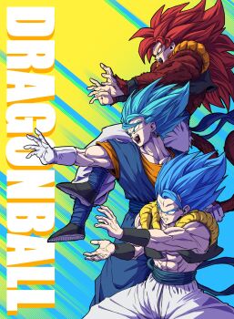  3boys abs absurdres black_vest blue_background blue_eyes blue_hair blue_sash blue_shirt body_fur brown_fur brown_tail commentary_request copyright_name dragon_ball dragon_ball_gt dragon_ball_super dragon_ball_super_broly earrings gloves gogeta group_picture highres horang4628 jewelry kamehameha_(dragon_ball) korean_commentary long_hair medium_hair monkey_tail multiple_boys muscular muscular_male no_shirt orange_shirt pants potara_earrings red_hair sash shirt spiked_hair super_saiyan super_saiyan_4 super_saiyan_blue tail trait_connection vegetto vest white_gloves white_pants yellow_background 