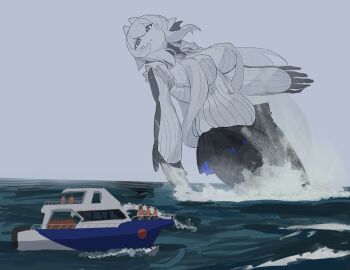  1girl blue_eyes boat breasts commentary_request fins giant giantess hassuyu_ni kneeless_mermaid large_breasts long_hair mermaid monster_girl ocean on_boat open_mouth original pale_skin short_hair solo_focus underwater water watercraft whale white_hair 